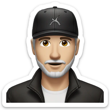 An adult white skin portrait of male with stubble and a slightly gray beard, brown hair, black eyes, wearing a black Reebok cap with a round emblem on his head, and a black leather jacket. sticker