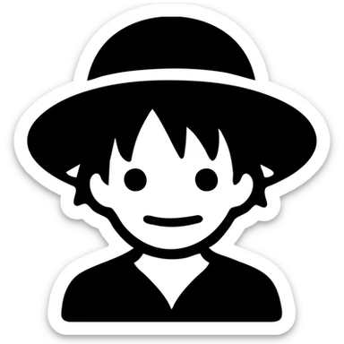 Luffy from One Piece as a solid black icon, filled silhouette, minimal facial features, focus on straw hat sticker