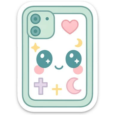 Remove any purse or purse-matching elements. Focus only on a white and black gothic kawaii phone case with big eyes, smiling, playful, cartoonish style, and gothic symbols. No purse references. No background. sticker