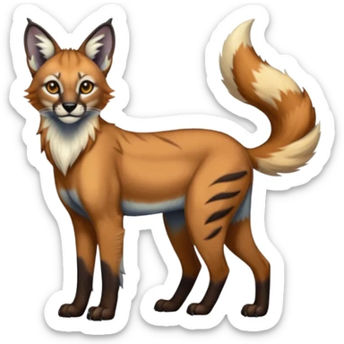 Realistic edgy bluish greyish blackish whitish silvery coppery Shiny Colorful Dusky Dark Gloomy Glossy Maned-Wolf-Genet-Caracal-Lion-Bobcat-fusion-animal-hybrid-creature, full body, tufted ears, long thin tufted tail sticker