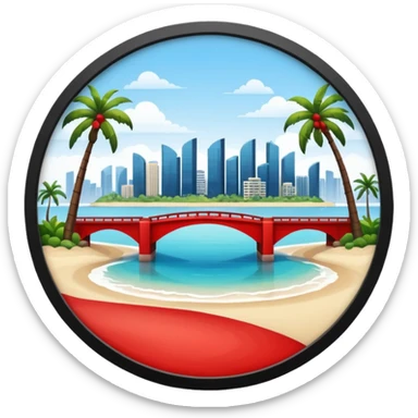 a circle island with modern buildings, a beach with palm trees in the front. also, a red bridge behind.  sticker