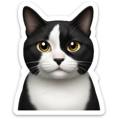tuxedo cat that has mostly black and white, starting at the her bottom lip and extending down the center of her belly, except for a small black splotch on her chin slightly off-center to the left, and a tiny white mustache directly under her black nose.  sticker
