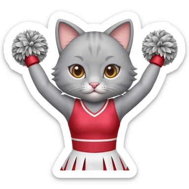 A cute sleek grey cat cheerleader twirling pom-poms with confident energy. sticker