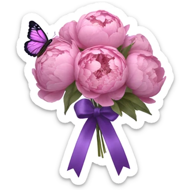 A purple silk ribbon tied around a bouquet of dried pink peonies , with a delicate pastel violet butterfly perched gently on the bow. sticker