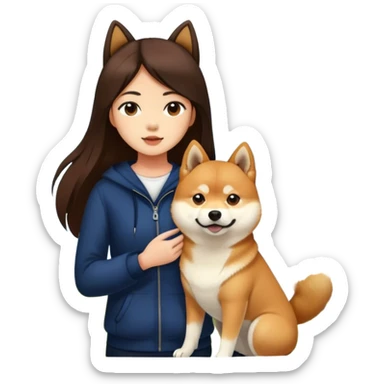 Really girl long dark brown hair with shiba inu outdoors sticker
