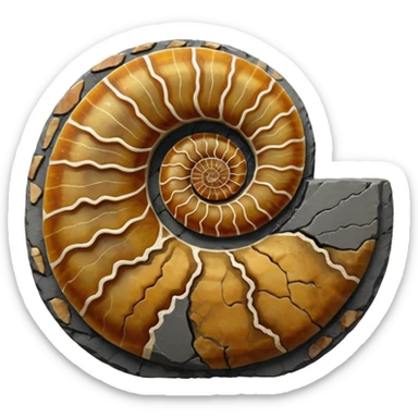 3D render of Ammonite, embedded in a chunk of rough sedimentary rock, cracked stone texture, ancient fossil aesthetic, embedded in dark grey slate stone, matte dry finish, Apple emoji style, isolated on white background --v 6.0 sticker