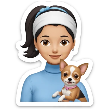 tan skin woman, with short black hair in a slicked back ponytail with forehead showing, with white headband, wearing solid pastel blue turtleneck shirt, smiling carrying dark brown-white long-haired chihuahua dog sticker