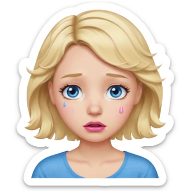 Girl Blonde short wavy hair,  blue eyes, cute blue top, long lashes, pink lips,crying with big tears running down the face  sticker