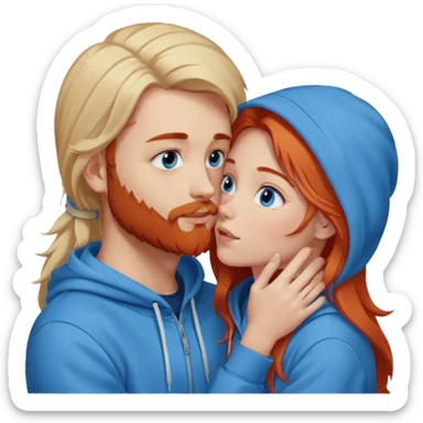 Long-pale-blonde hair, beautiful girl with blue eyes-wearing a light blue hoodie, facing, kissing reddish-brownish hair and beard boy blue eyed white guy in a dark blue hoodie sticker
