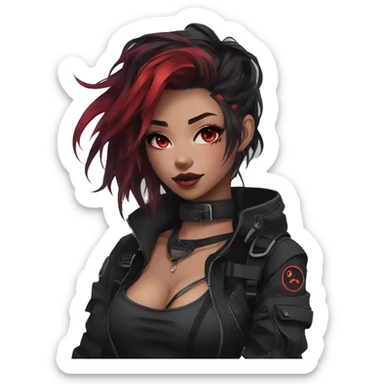 Gorgeous dark techwear anime style lady with blushing face aesthetic and pretty edgy black red punk messy hair with collar and harness trending style sticker