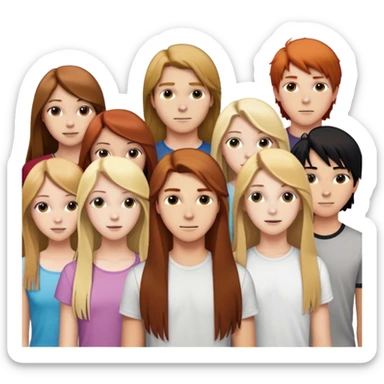 A group of teenagers with 3 girls and 3 boys:
a girl with long, straight, brown hair, another with long, slightly wavy, blonde hair and the third with long, straight, blonde and brown hair
for boys, you need a redhead with forward hair, a blonde with forward hair and another with black hair to the side sticker