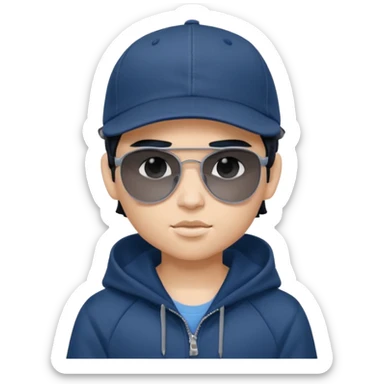generate a fair pretty bratz boy wearing a dark blue baseball cap with black sunglasses and a grey hoodie

hair black  sticker