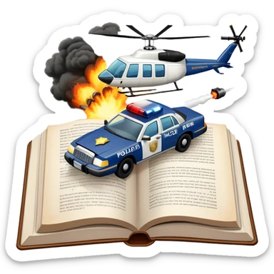 Icon for Action & Crime Reading: an open large book with text on the pages, a police car is driving out, with explosions behind, a helicopter flying above, a pistol with bullets in the front. The icon should capture the thrilling action and suspense of crime stories. Transparent background. sticker