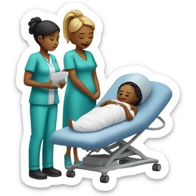 a woman gives birth and doctors stand nearby sticker