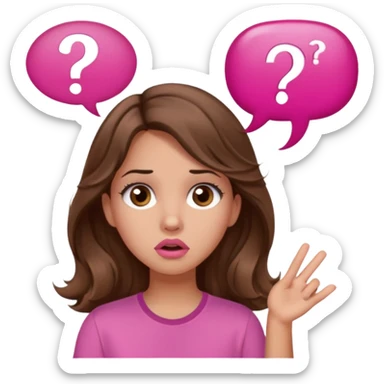 girl with long wavy brown hair, brown eyes, light to medium complexion, in a pink shirt, pink lips, long lashes, confused, question mark speech bubble sticker