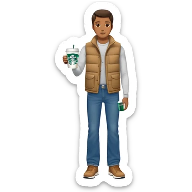 full body man with plain puffy winter vest with no pockets over long sleeved shirt wearing straight levi boot cut levi blue jeans with no cuffs and tennis shoes holding starbucks coffee mug in his hand sticker