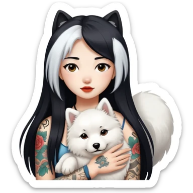 a Chinese girl with long black  straight hair and tattoos and a samoyed sticker