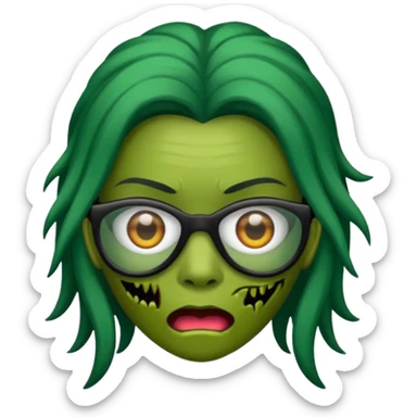 crie um emoji de zumbi feminino, com pele verde, óculos preto e cabelo longo preto sticker