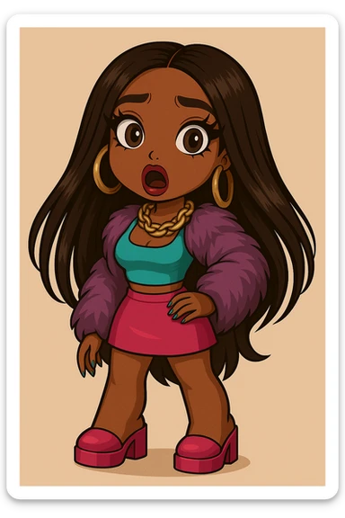 Remove any tears or crying, keep her shocked expression. Depict a 20-year-old anime Bratz style woman with dark skin, dark hair, glamorous evening wear, big expressive eyes, and glossy lips. sticker