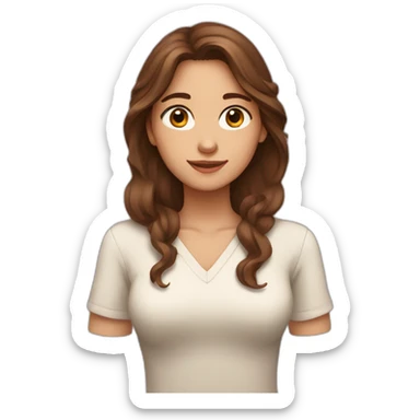 brown-haired woman with long hair, brown eyes, depicting a heart with her hands sticker