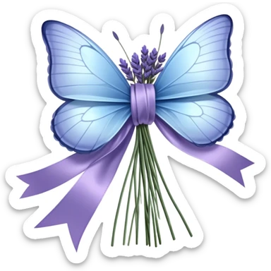 A luxurious satin bow in soft ivory is carefully tied around a bouquet of dried lavender, its delicate texture contrasting with the smooth silk. A single pale blue butterfly with translucent wings perches atop the bow, as if drawn to its quiet beauty. Another butterfly hovers nearby, casting intricate shadows over the fabric folds. sticker