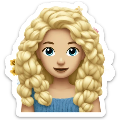 beautiful blonde woman with blue eyes knitting flowers sticker