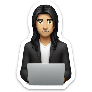 a fair screen guy with long length black hair working on a laptop haing black or brow eyes sticker