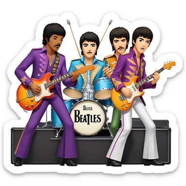 Rock music icon: vibrant stage with electric guitars, drums, and amplifiers. Collage of rock legends—The Beatles, Jimi Hendrix, and Elvis Presley—capturing the rebellious spirit and timeless energy of rock music. Transparent background. sticker