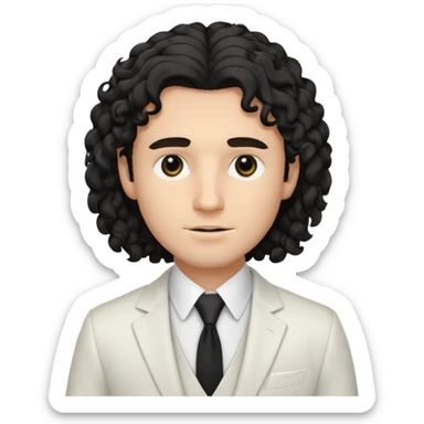 Cockasian guy with black long curly hair thats on his face and black eyes wearing a White simple suit guy  sticker