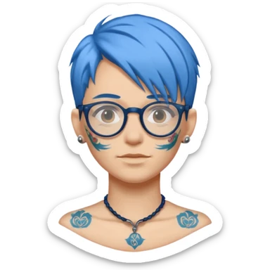 character with blue hair, glasses, and a tattoo on the neck sticker