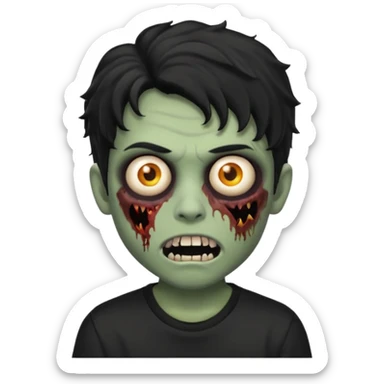 a boy with wavy hair, a zombie-shaped mouth piercing hum, and black hair with a black shirt too sticker
