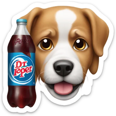 A dog holding a Dr Pepper sticker