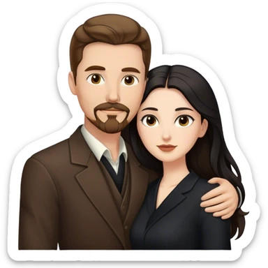 tall white man with brown hair goatee mustache embracing a pale woman with long black hair, wearing elegant clothing, standing portrait sticker