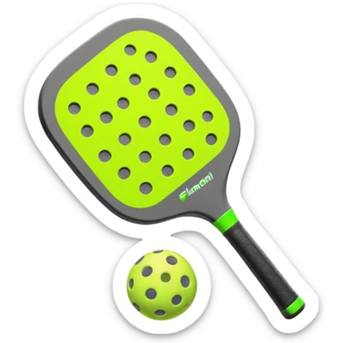 Modern Pickleball paddle graphite without holes, dark grey. 1 Pickleball ball beside or on top the paddle florescent green at 45 degrees sticker
