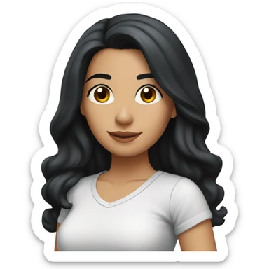 A head and shoulders shot of a 33 year old Hispanic woman, with long black hair,   with brown eyes wearing a t-shirt. sticker