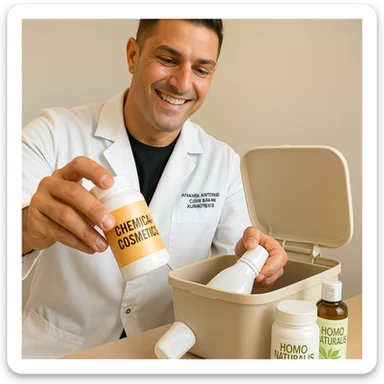 Create a realistic image of a man with the face and appearance of the person in the reference photo, throwing away chemical cosmetic products to use natural products called 'Homo Naturalis'. The natural products should be clearly visible and show the name. The tone should be positive and natural. sticker