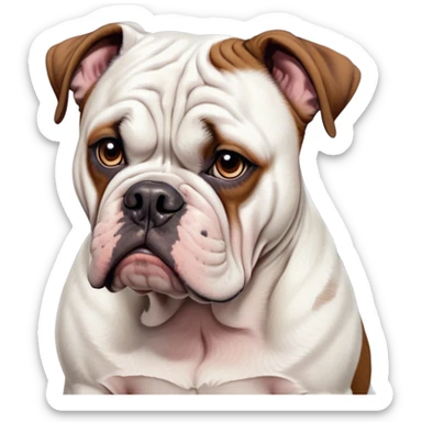 Cinematic Grumpy White and Brown American Bulldog Portrait Emoji, Head tilted slightly with a deeply unimpressed expression, thick white fur with dark brown patches and a furrowed brow, large, droopy eyes narrowed into an unamused glare, jowls slightly sagging in exasperation, Simplified yet comically expressive features, highly detailed, glowing with a dry, sarcastic glow, high shine, effortlessly judgmental yet dignified, stylized with a touch of cynicism, bright but brooding, soft glowing outline, capturing the essence of an eternally unimpressed yet endearing pup, so lifelike it feels like it could sigh heavily at you in disdain at any moment! sticker