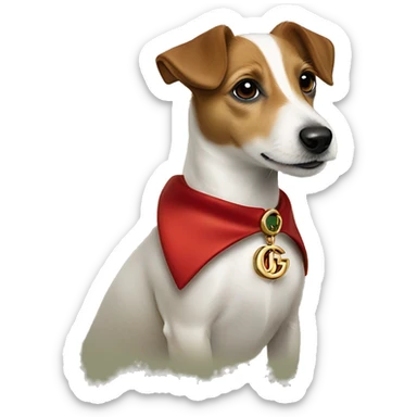 one year old jack russell terrier light brown wearing gucci gold green and red GG more gucci sticker