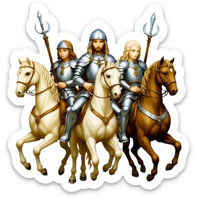 aesthetic shiny glowing divine lighting, oil paint - ivory The Four Horsemen of the Apocalypse, based on a graphic by Albrecht Dürer sticker