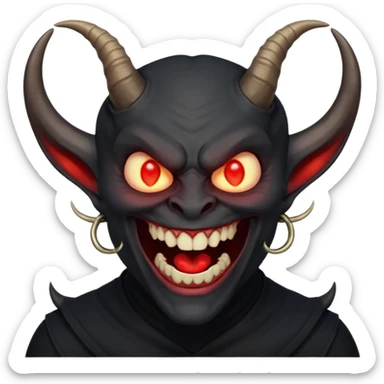 “Scary demon emoji, evil human-like laugh, black clothes, big curved horns, glowing red eyes, upper body visible till chest, dark mood, high detail, emoji style, clean background” sticker