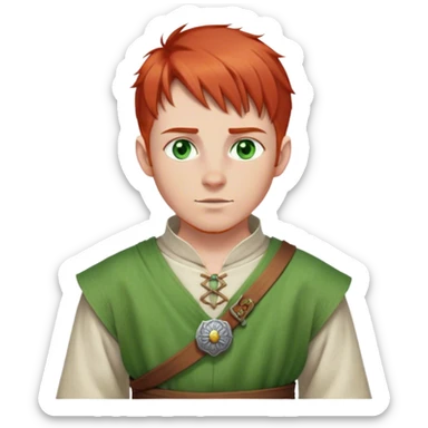 medieval spring outfit worn by a DnD themed fantasy male character. fine linen tunic with a buttoned neckline and a sash tied loosely at the waist. clothes only above the waist. The clothes full waist. The character's haven't arms. character is white-skinned, red hair, green eyes, short straight hair. sticker