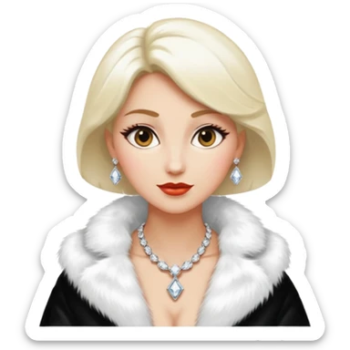* Character: A stylish lady
* ﻿﻿Clothing: A luxurious white fur coat
* ﻿﻿Accessories: A dazzling diamond necklace
* ﻿﻿Expression: Confident, elegant, maybe slightly glamorous
* ﻿﻿Pose: Head slightly tilted or a poised posture
* ﻿﻿Style: Emoji-like, simple but expressive sticker