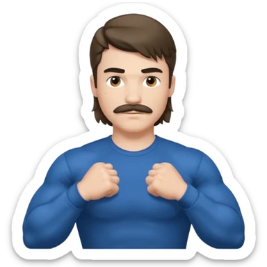 generate an ios genmoji of a 20 year old boy with shoulder length hair and a mullet. cop mustache. BIG biceps and wearing a full sleeve tshirt that fits his biceps sticker