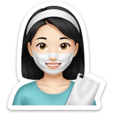 Smiling Asian girl with large white sheet mask pack sticker