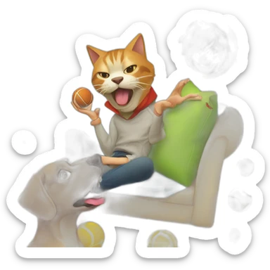 Generate a sticker of a playful scene featuring a cat lying on a cushion and a dog holding a toy in its mouth, while a young man holding a tennis ball observes in the background. sticker