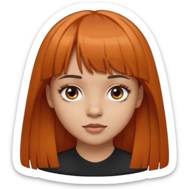 Light skin girl, black to brown orange-ish hair, big brown eyes and medium straight hair with bangs above the eyebrow  sticker