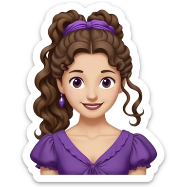 Femme aux cheveux longs et bruns, attachés en une queue-de-cheval haute et bouclée. Une mèche retombe sur son front. Elle porte une robe violette de style antique et a un sourire espiègle. sticker