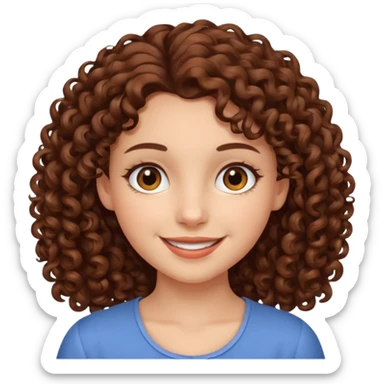 chica con piel blanca sonriendo, ojos marrones y pelo marrón con rulos sticker