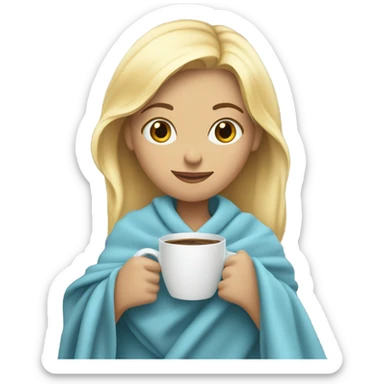 Blonde girl drinking coffe inside a light blue blanket sticker