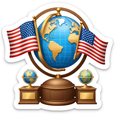 icon featuring podium with a speaker, russian and american flags, and voting ballots. The design includes a globe and scales of justice in the background, representing governance, global affairs, and political theory. Transparent background emphasizes civic engagement and policy. sticker
